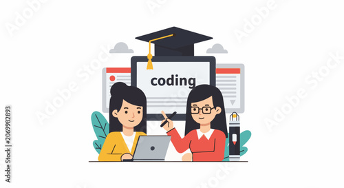 Two women engaged in coding on a laptop
