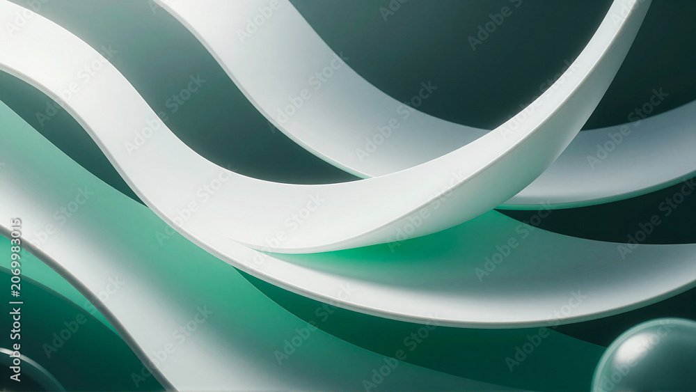 Fototapeta premium Abstract Fluid 3D Wave Background with Green and White Ribbons
