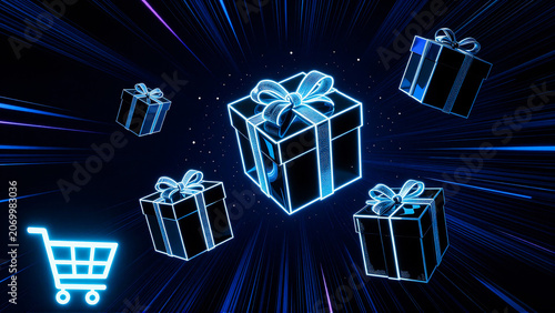 Glowing Blue Gift Boxes Floating with Shopping Cart Symbol for Online Retail Promotions