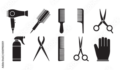 Quadro su tela Hairdressing tool kit silhouettes featuring spray bottle and protective gloves for stylists