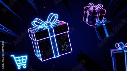 Glowing Neon Gift Boxes and Shopping Cart Symbols for Festive E-commerce Promotion Design