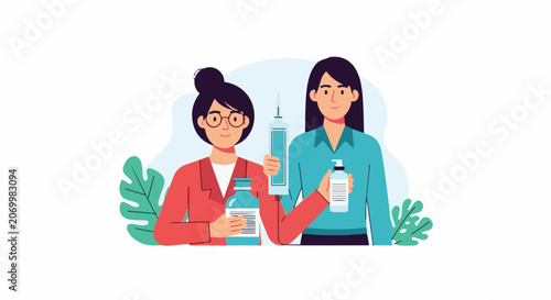 Two women holding bottles of sanitizer and lotion