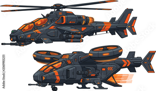 Photos Two futuristic sci-fi military helicopters orange vector illustration isolatedTw