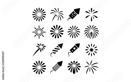 Fireworks celebration explosion icon set with fireworks, celebration