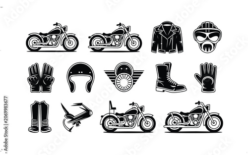 Motorcycle rider gear and motorbike icons set with motorcycle