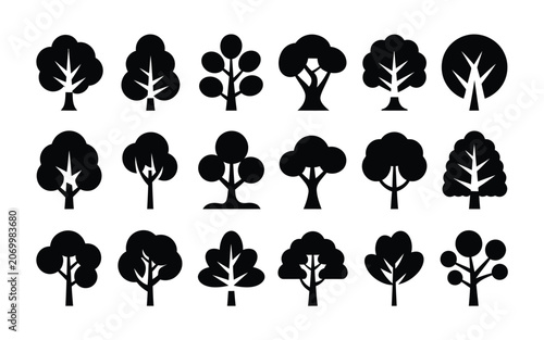 Collection of various tree species silhouette icons with silhouette