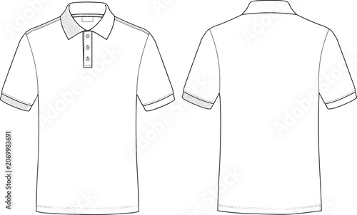 Blank classic short sleeve polo shirt technical fashion flat sketch template front and back view vector mockup