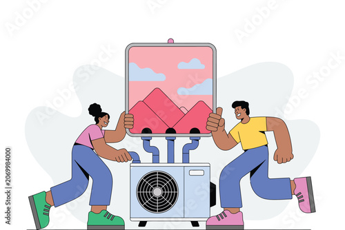 Flat vector illustration of people installing air conditioning unit