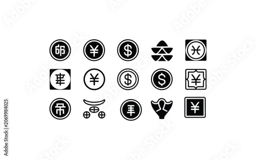 Set of various currency and finance concept icons with currency