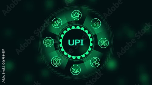Upi digital payment interface hud animation, futuristic financial technology concept with and data processing