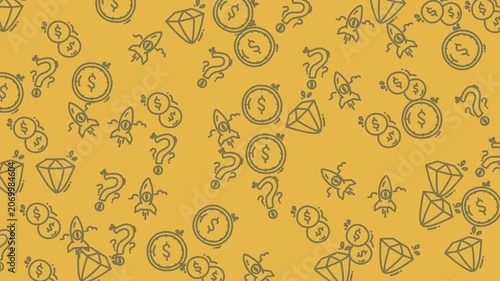Gold background pattern with dollar coins, diamond shapes, question marks, and rocket ships. Suitable for financial, investment, crypto, spacethemed concepts.