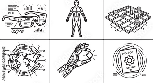 Cyberpunk Technology and Digital Identity Line Icon Set