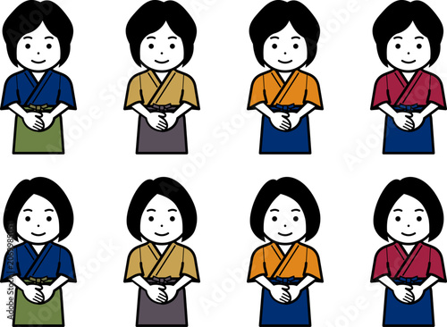 [髪型違い] 手を前で合わせる作務衣に前掛けの女性のアイコン