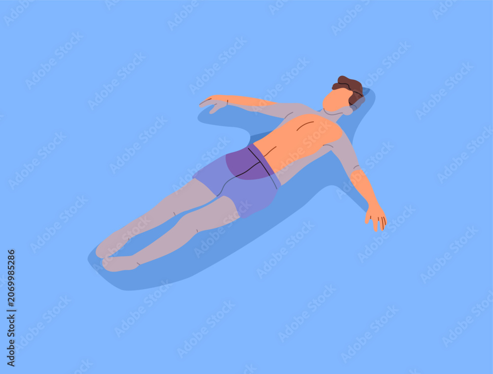 Obraz premium Tourist is lying on his back on water in summer top view. Man in swimsuit is swimming and sunbathing on ocean surface. Person relaxes, has a rest in sea resort. Flat isolated vector illustration