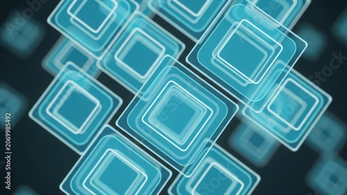 A 3D rendered abstract digital background featuring glowing blue squares and rectangles overlapping.