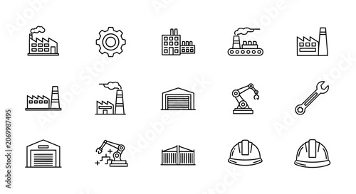 Industrial and Manufacturing Icons Representing Factories, Machinery, and Engineering Elements