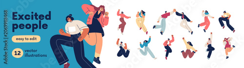 Excited happy people set. Cheerful male and female characters jumping, celebrating success. Fun, joy and energy poses. Positive men, women. Flat vector illustrations isolated on white background