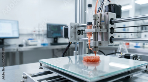 Bioprinter extruding tissue scaffold for medical research and lab innovation eager scientists