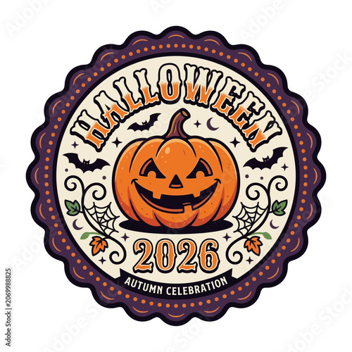Spooky Round Halloween Badge with Smiling Pumpkin Jack-o-lantern and Festive Autumn Celebration Typography for October Holiday Decor