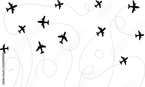 Konstfotografi Airplane flight routes vector background with black aircraft silhouettes and dotted lines for travel aviation tourism global transportation pattern