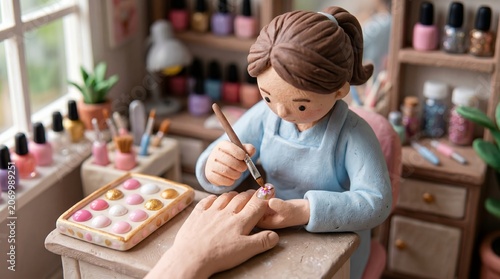 Handcrafted Miniature Nail Stylist Carefully Painting Fine Nail Art Details in Salon