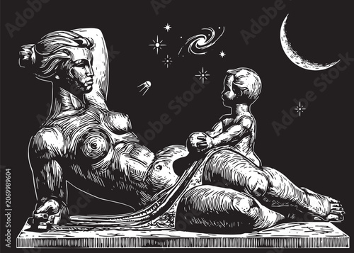 Tableau sur toile Cosmic motherhood allegorical illustration with a reclining woman statue and a c