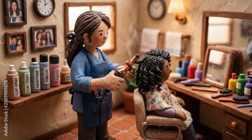 Handcrafted Miniature Hair Stylist Curling Hair with Heated Iron in Salon Diorama