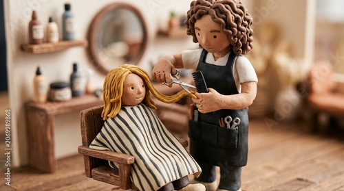 Miniature Clay Figures Of Hairdresser Cutting Client Hair In Hair Salon Scale Model Scene