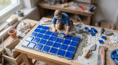 Miniature Worker Installing Blue Ceramic Tiles On A Table In Scale Model Workshop Diorama