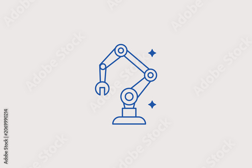 Photos Heavy industrial robotic arm manipulator machine with wrench line icon for automated vehicle maintenance factory, equipment setup workshop