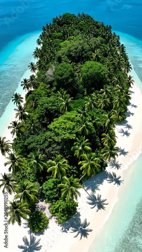Small lush tropical island surrounded by turquoise sea.