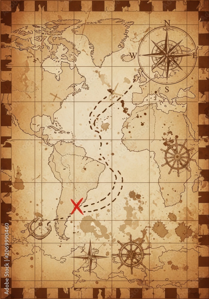 Fototapeta premium Vintage Treasure Map Illustration with Compass Rose, Nautical Elements