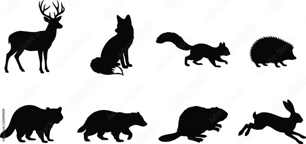Obraz premium Woodland Animal Silhouette Collection Featuring Deer Fox Squirrel Hedgehog Beaver and Rabbit