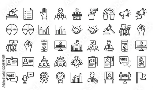 Schilderij op canvas Editable Democracy and Election Outline Icons Collection 64x64 Pixel Perfect Vec
