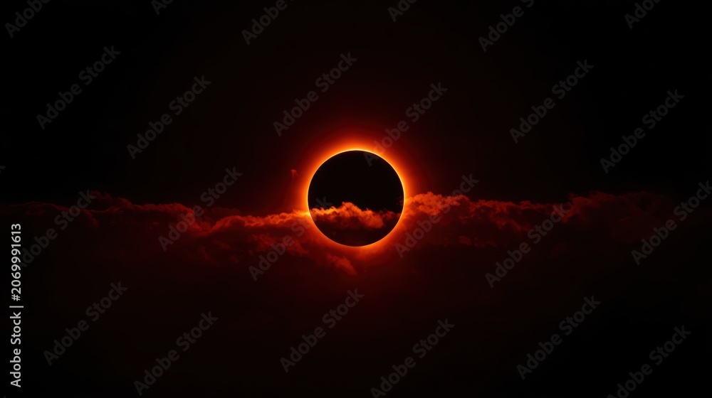 Fototapeta premium Total solar eclipse with glowing red light ring behind dark clouds in night sky