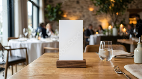 A blank vertical menu card sits on a wooden stand upon a table inside a cozy upscale restaurant.