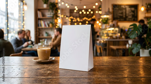 A blank white table tent card stands on a rustic wooden table beside a warm latte in a cozy cafe.