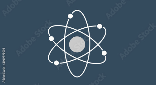 Illustration of an atom model against a dark blue background depicting scientific concepts