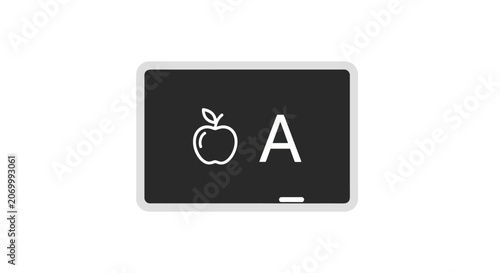 Minimalist representation of an apple and the letter A on a chalkboard style