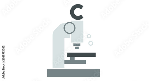 Minimalist representation of a microscope and the letter 'C' in grayscale, science concept.