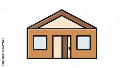 Simple cartoon depiction of a brown house with windows, doors and roof isolated on white
