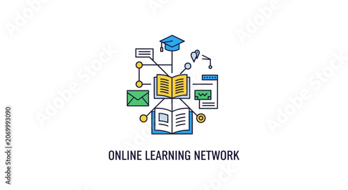 Online education network illustration depicting digital learning and knowledge transfer processes