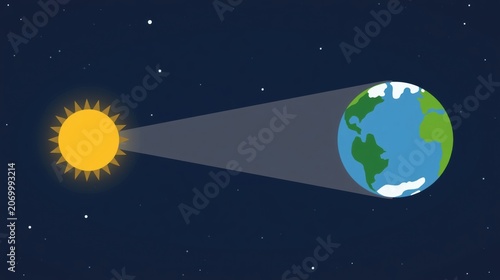 Solar eclipse with the sun casting a shadow on the earth in outer space illustration