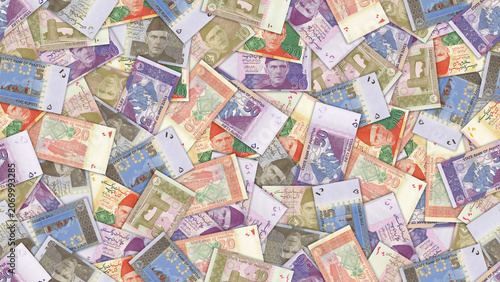 Seamless pattern. Financial illustration. Scattered pakistani 5, 10, 20, 50 rupee banknotes. Obverse and reverse. Money of Islamic Republic of Pakistan. Five, ten, twenty, fifty rupees. Economic