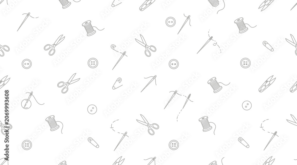 Obraz premium Sewing supplies, needle, thread, scissors, buttons pattern