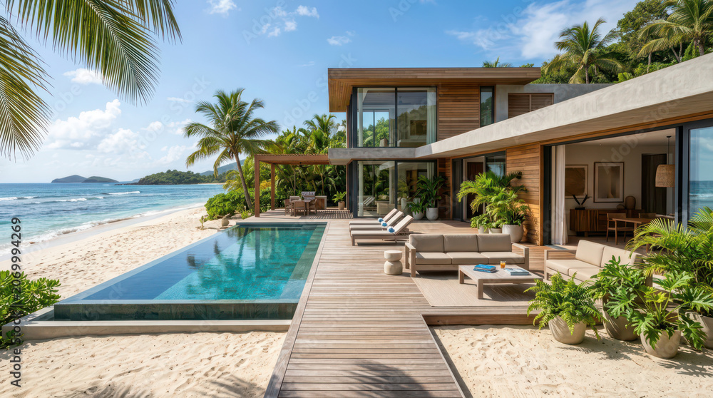 Fototapeta premium Beachfront villa with modern pool and lounge chairs on wooden deck