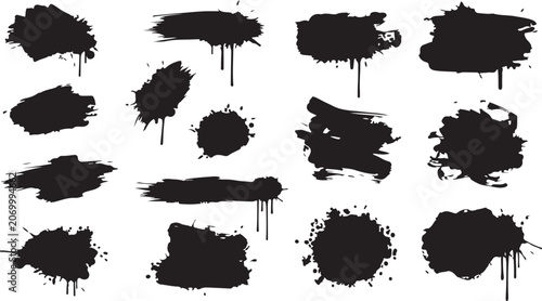 A collection of various black grunge paint splatters, ink blots, and dripping brush strokes isolated on a white background.