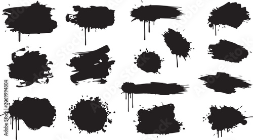 A collection of various black grunge paint splatters, ink blots, and dripping brush strokes isolated on a white background.