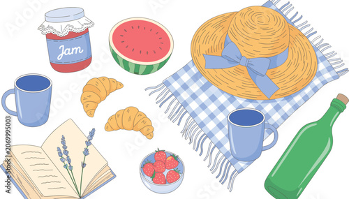 Summer picnic vector illustration with watermelon croissants strawberry jam lavender flowers straw hat and open book on blanket.