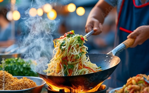 Closeup of Thai Street Vendor Tossing Green Papaya in Wok on Busy Street